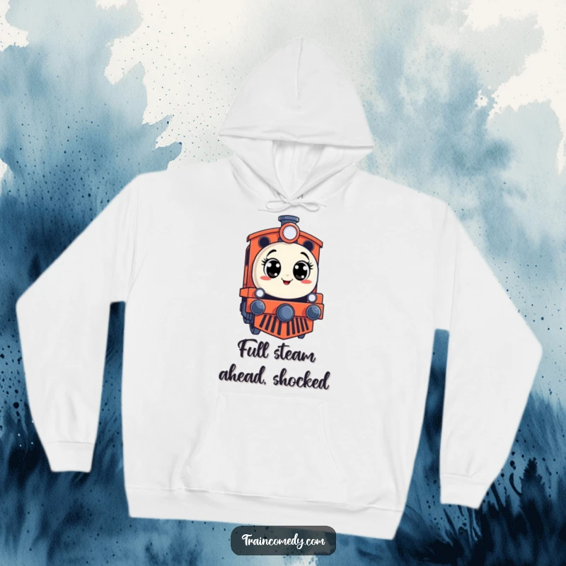 Funny hoodie featuring a stylized train engine with a comically surprised expression and wide eyes, perfect for cozy fun.