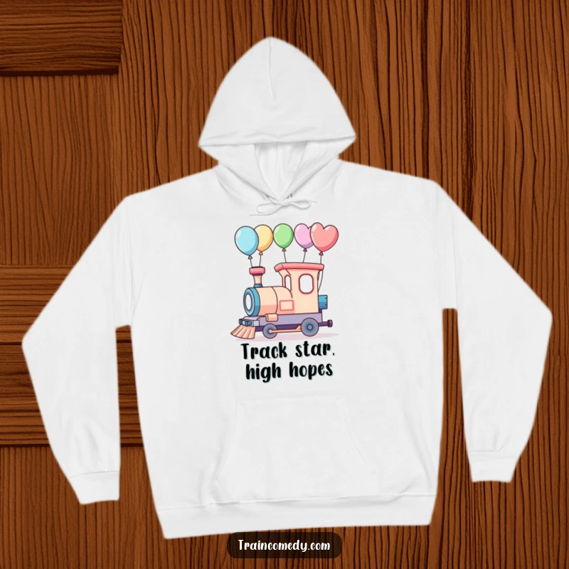 Funny hoodie depicting a whimsical train with balloons, ready for an enchanting adventure.
