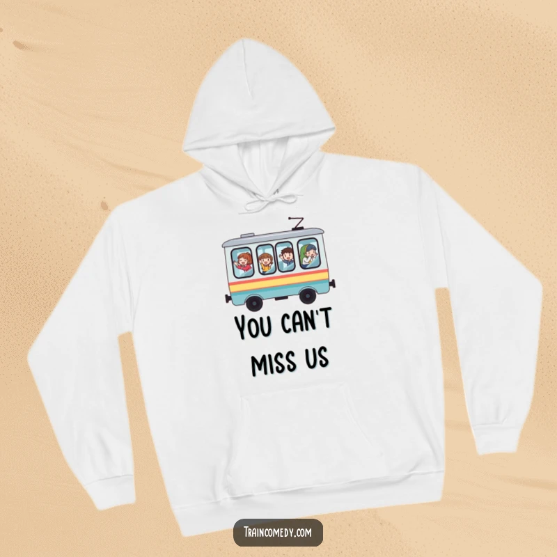 Funny train hoodie, whimsical design with big windows, passengers waving merrily, conveying happiness and warmth.