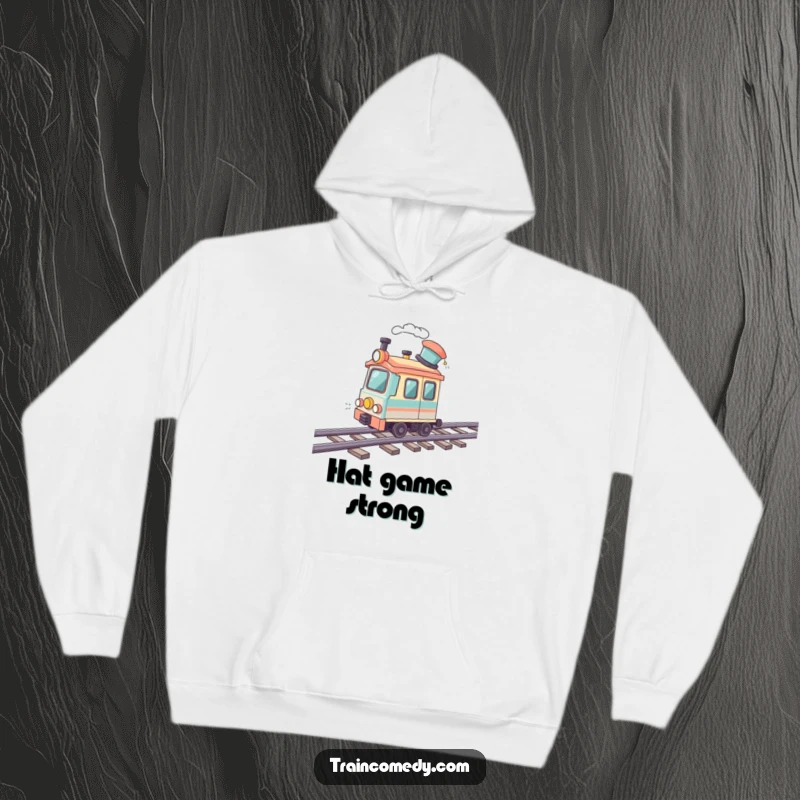 Funny hoodie with a jaunty-hatted train car in motion on a wavy track. Stylish, comfortable, and full of character.