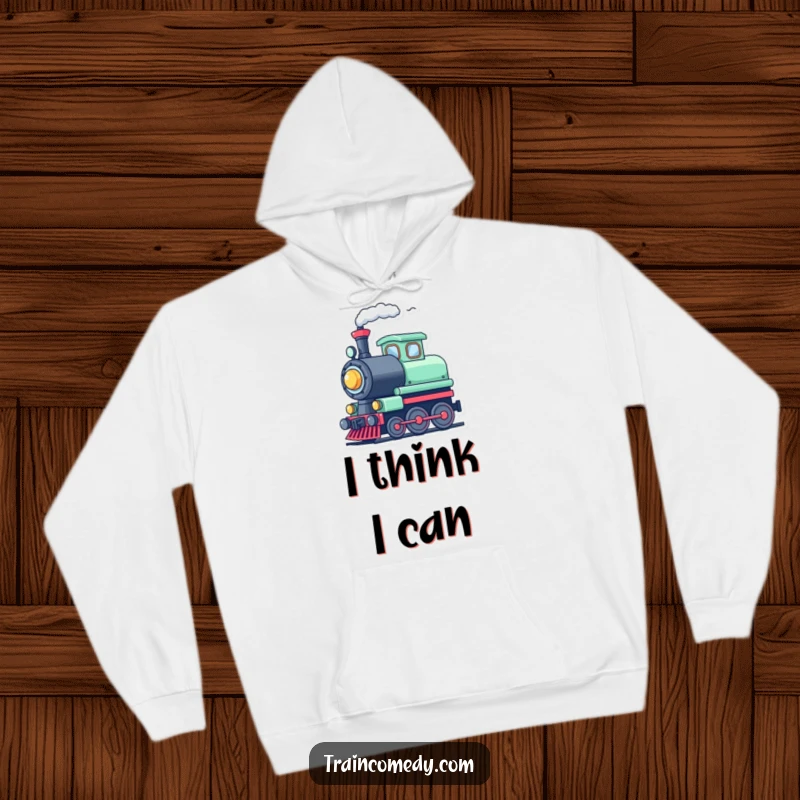 Funny cute train character in a hoodie, tooting its whistle with steam, a cozy and humorous sweatshirt.