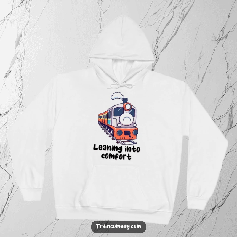 A determined train navigating a sharp curve, featured on a cozy and humorous hoodie. Great funny gift.