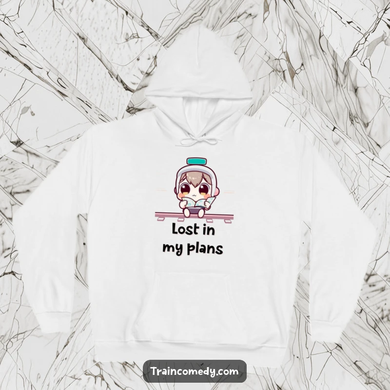 Funny Hoodie: Intrigued Kawaii character with wide eyes studying a train map, perfect for planners, a cozy funny gift.
