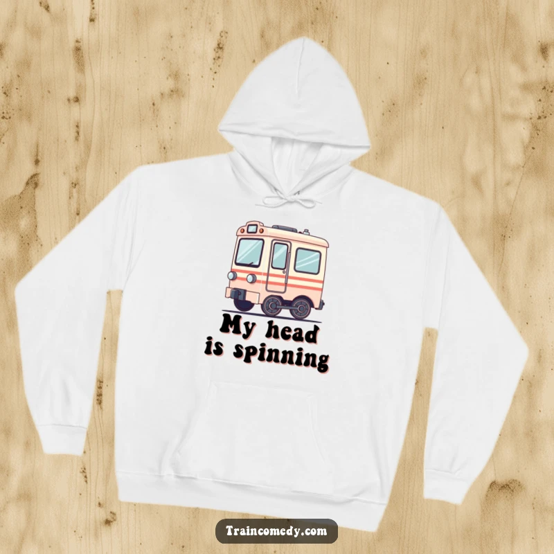 Funny hoodie with a dizzy train car, its wheels blurred from spinning. Comfortable and humorous apparel for a lighthearted vibe.