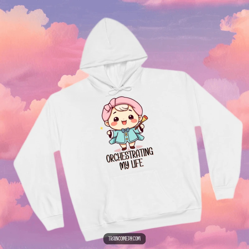 Funny Hoodie: Cheerful Kawaii conductor with a baton, smiling, ready to lead, a cozy funny gift.