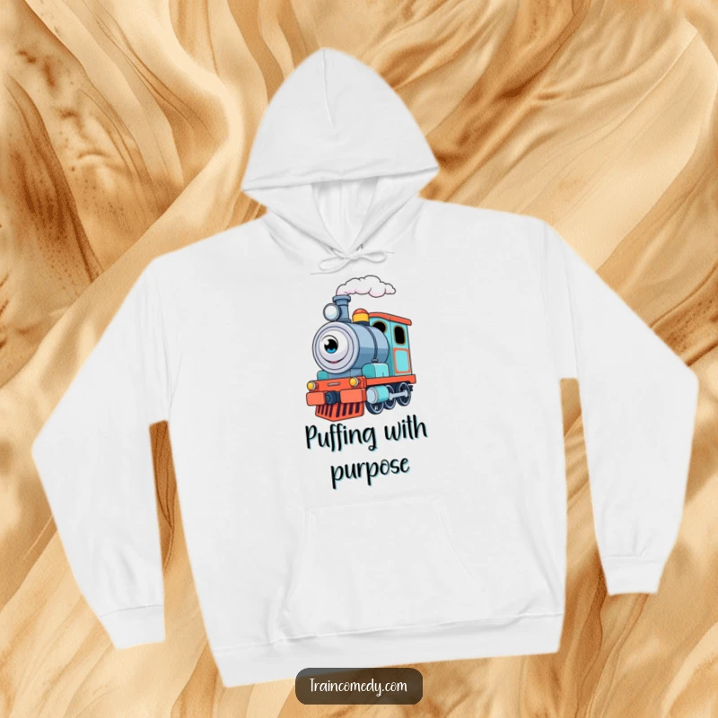 Funny Train Engine Hoodie: A friendly train engine puffs steam with excitement, offering cozy comfort and a touch of cheerful humor.