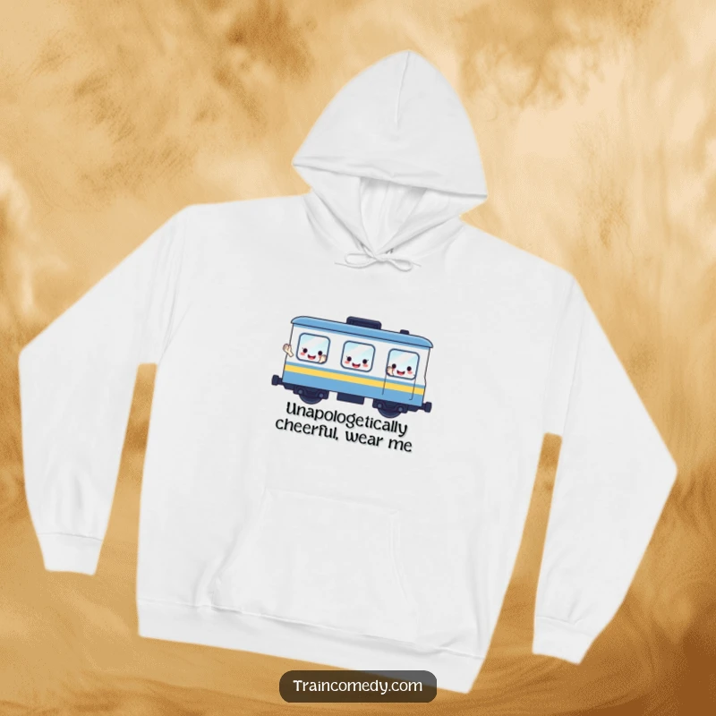 Funny hoodie with an adorable train car character whose window-faces are smiling and waving, perfect for cozy, cheerful days.