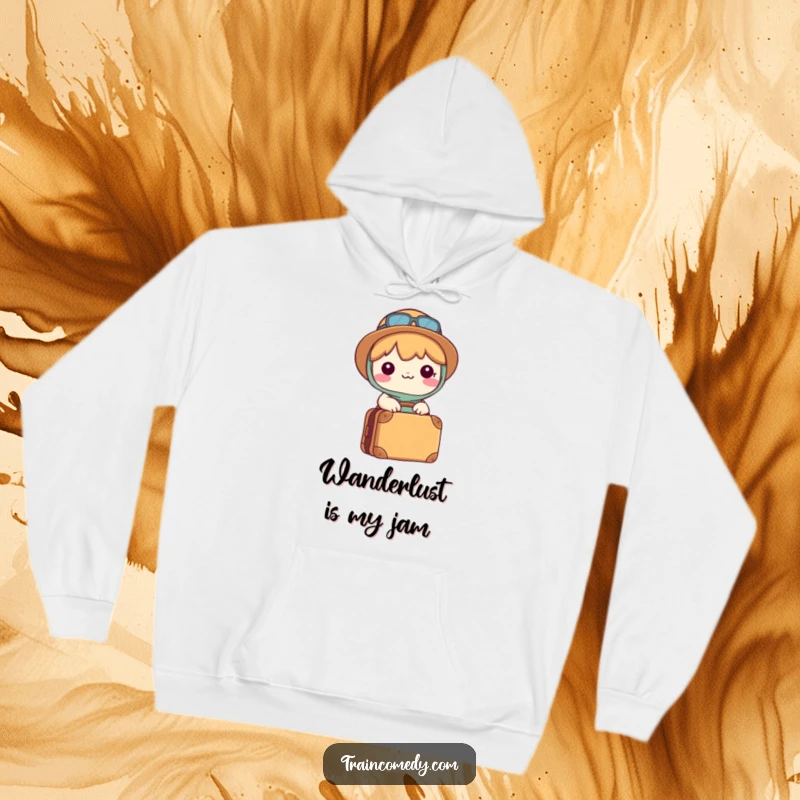 Funny Kawaii hoodie depicting a happy character with a packed suitcase, embodying the excitement of travel and adventure.