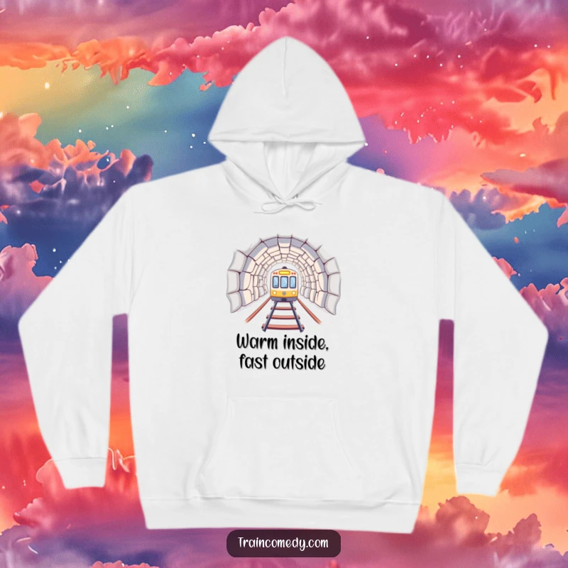 A train emerging from a dark tunnel into bright light, featured on a cozy and humorous hoodie. Great funny gift.