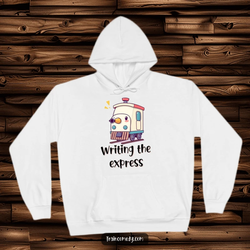 Funny hoodie depicting a whimsical pencil character comically acting as a train whistle, offering cozy and humorous inspiration.