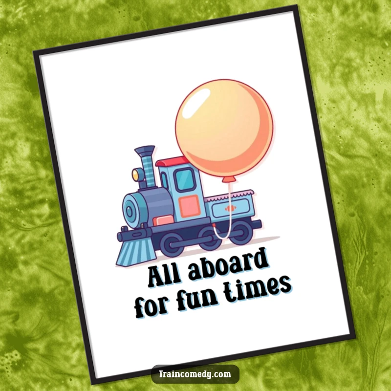 Funny Free Printable Wall Art: Train engine with a large, bouncing balloon, creating a whimsical and joyful scene.
