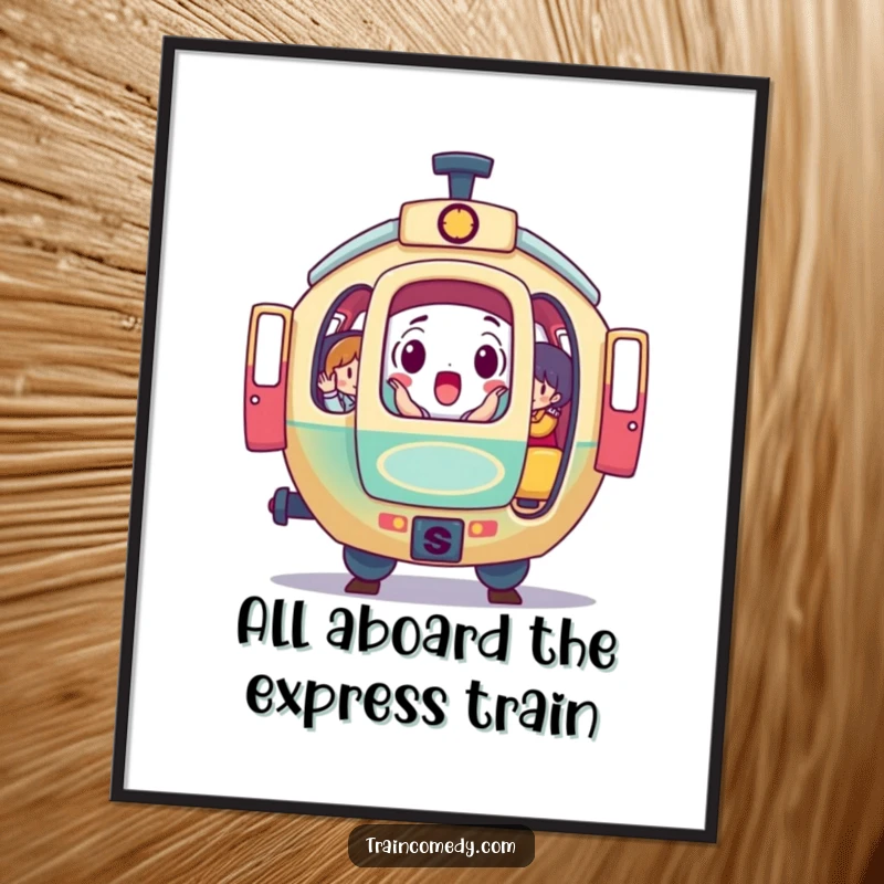 Funny Free Printable Wall Art: Surprised round train car with doors open, colorful passengers peeking out, whimsical decor.