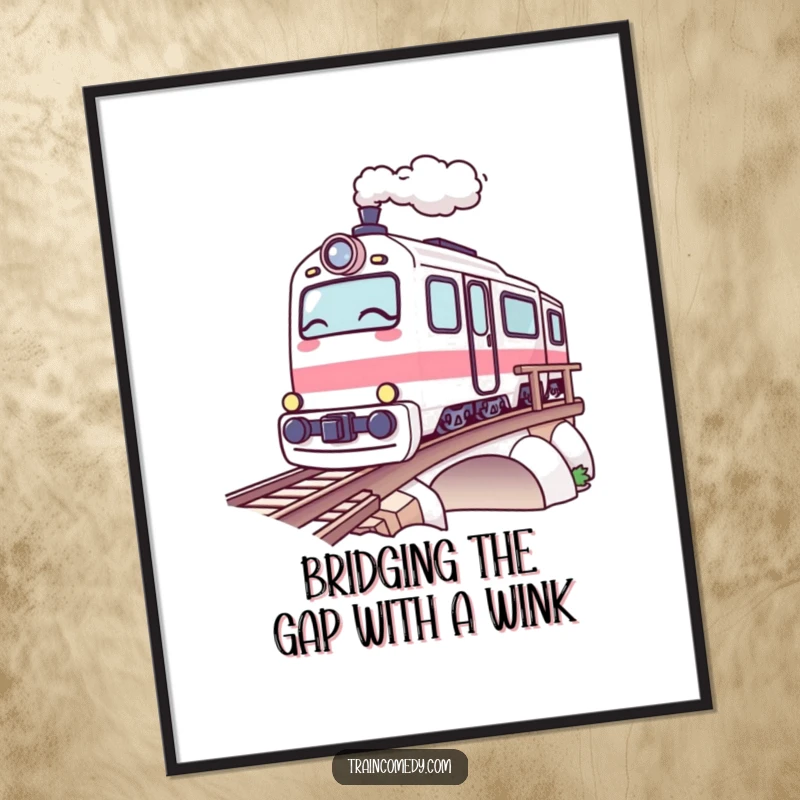 Funny Free Printable Wall Art: A kawaii train character winks playfully as it traverses a bridge.