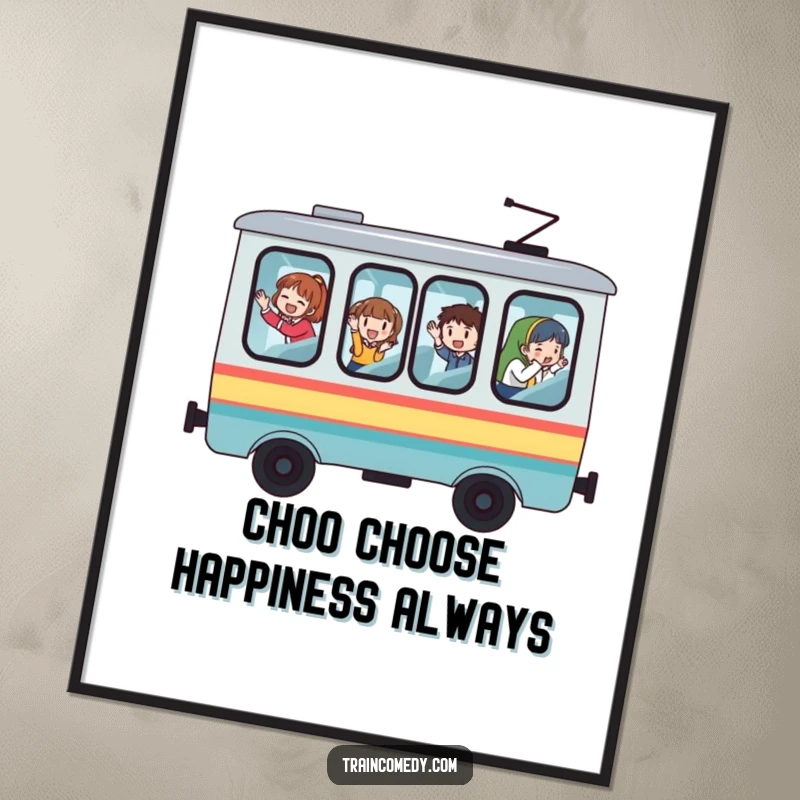 Funny Free Printable Wall Art: A whimsical train car with oversized windows, passengers waving enthusiastically, perfect for a cheerful room.