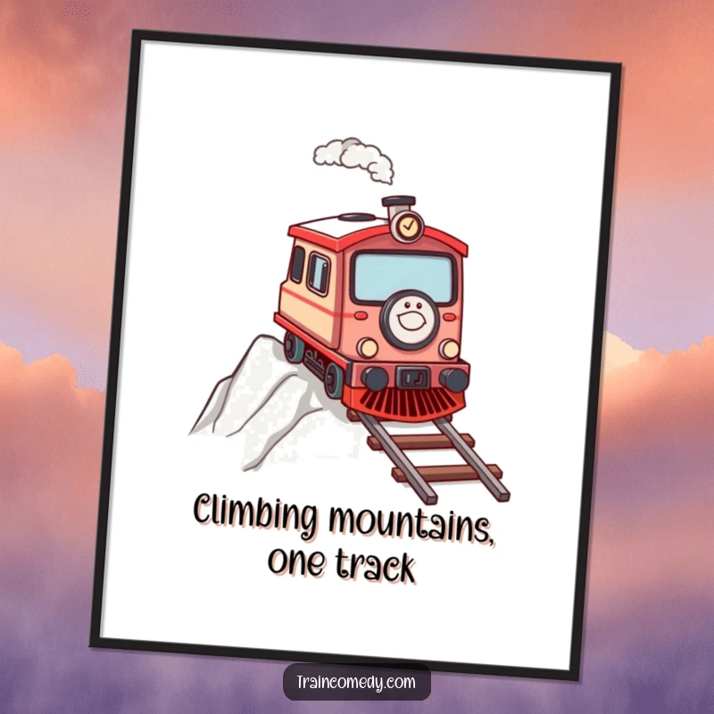 Funny Free Printable Wall Art: A determined train character chugs bravely up a steep incline, symbolizing perseverance.