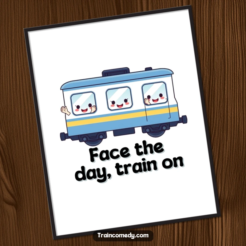 Funny Free Printable Train Wall Art: A cheerful train with windows like smiling faces waves hello, bringing joy.