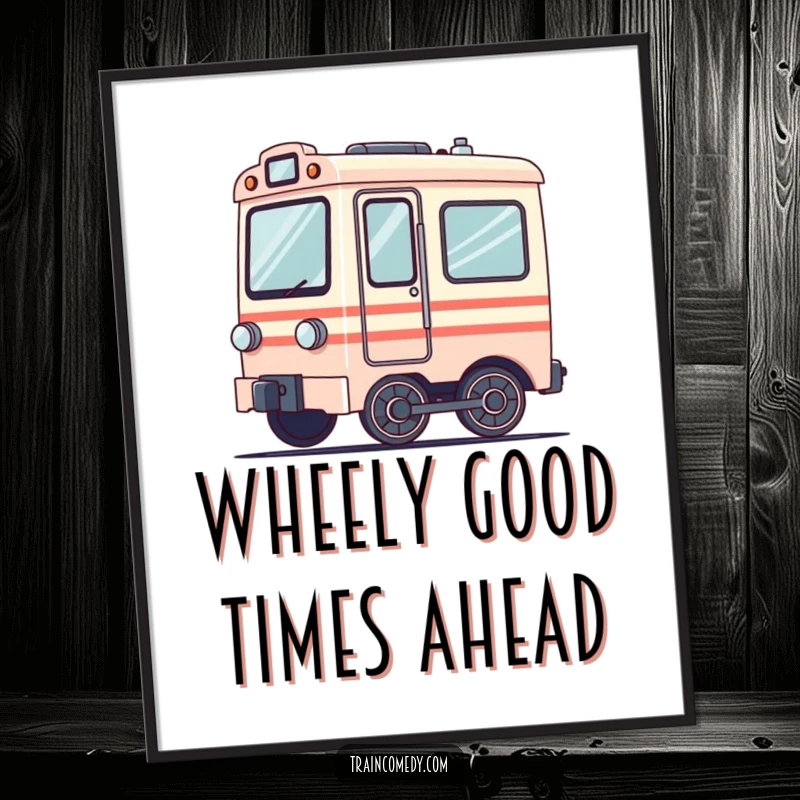 Funny free printable wall art of a train car looking slightly dizzy, its wheels a comical blur of spinning motion.