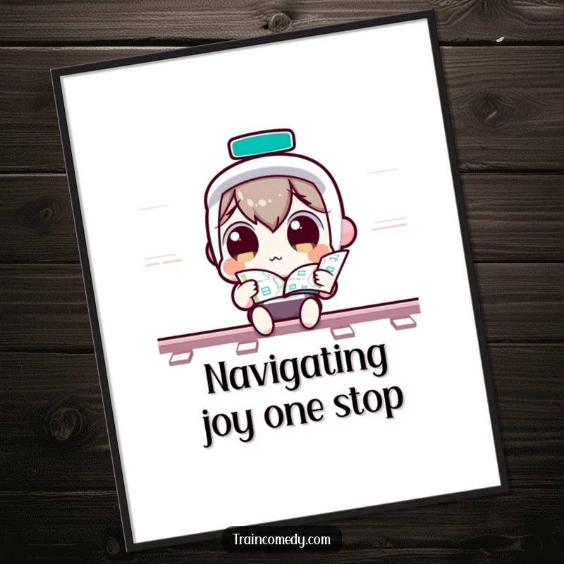 Funny Free Printable Wall Art: A curious Kawaii character with wide, captivated eyes examines a train map, inspiring adventure.