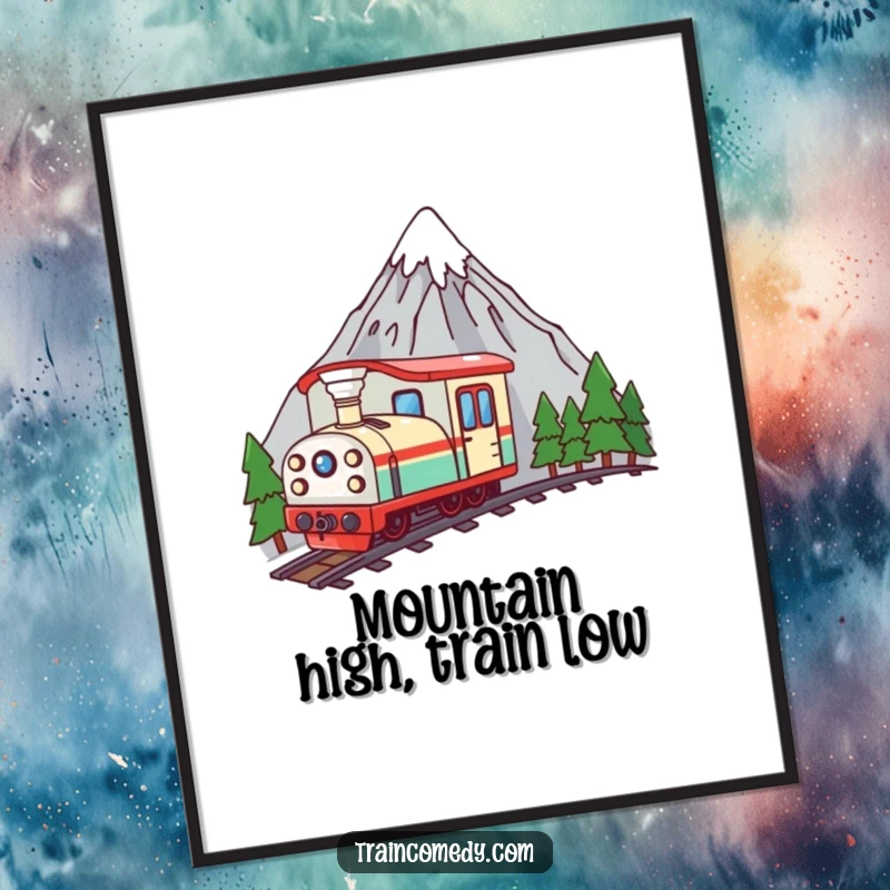 Funny Free Printable Wall Art: A curious kawaii train peeking from behind a mountain landscape illustration.