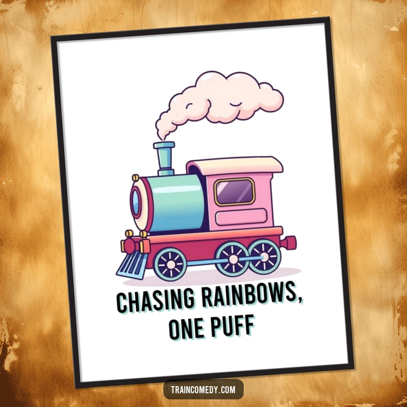 Funny free printable wall art of a train engine skillfully puffing a vibrant plume of rainbow smoke from its chimney.