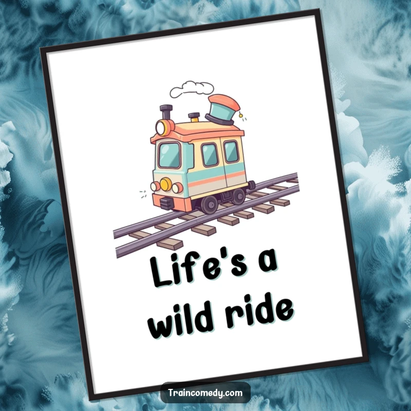Funny free printable wall art of a train car sporting a jaunty hat, speeding with excitement along a dynamic wavy track.