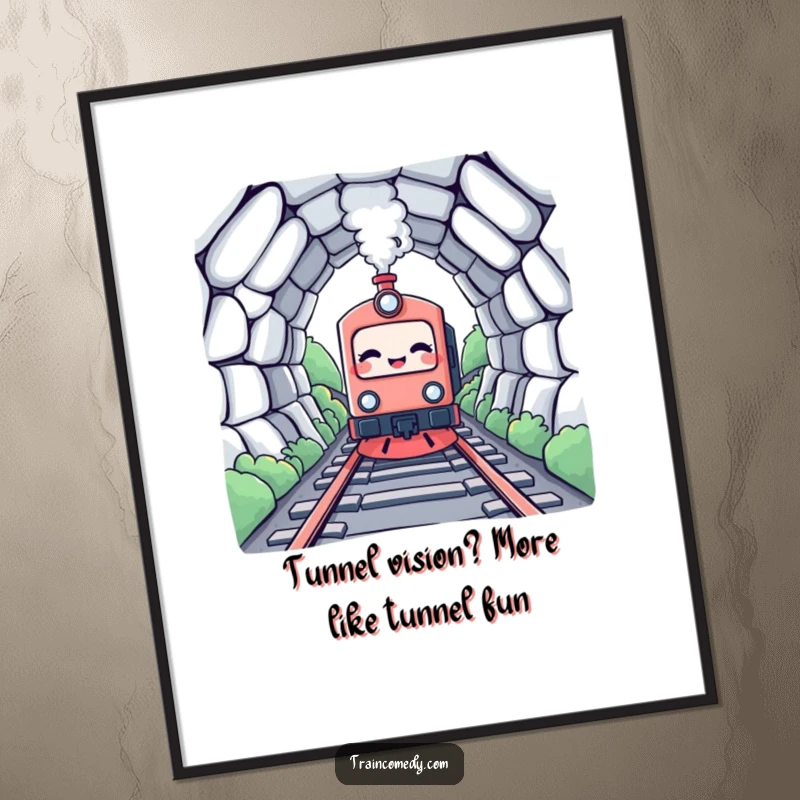 Funny Free Printable Wall Art: A giggling kawaii train character with wide eyes about to enter a mysterious tunnel.