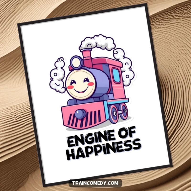 Funny Free Printable Wall Art: Happy train engine character exhaling smoke rings forming smiley faces, cheerful decor.