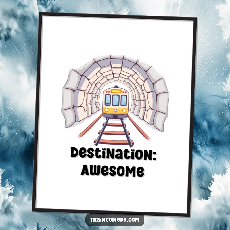 Funny Free Printable Wall Art: A train car brilliantly emerges from a dark tunnel into a bright, inviting light, creating a dramatic scene.