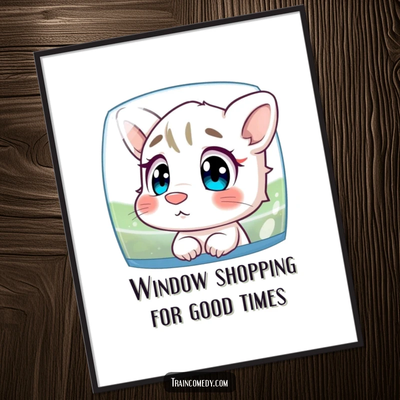 Funny Free Printable Wall Art: Curious cartoon character with nose pressed against glass, watching scenery, whimsical decor.