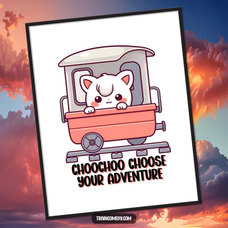 Funny Free Printable Wall Art: A playful character comically peeks around the corner of a vintage train cart, inviting curiosity.