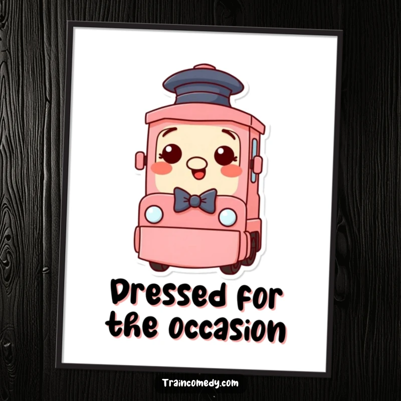 Funny Free Printable Wall Art of a silly train character proudly wearing a small hat and a stylish bow tie.