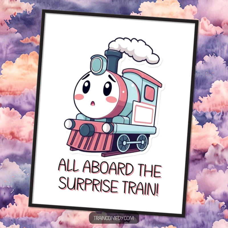 Funny Free Printable Wall Art: Kawaii train engine puffing steam with a comically surprised expression.