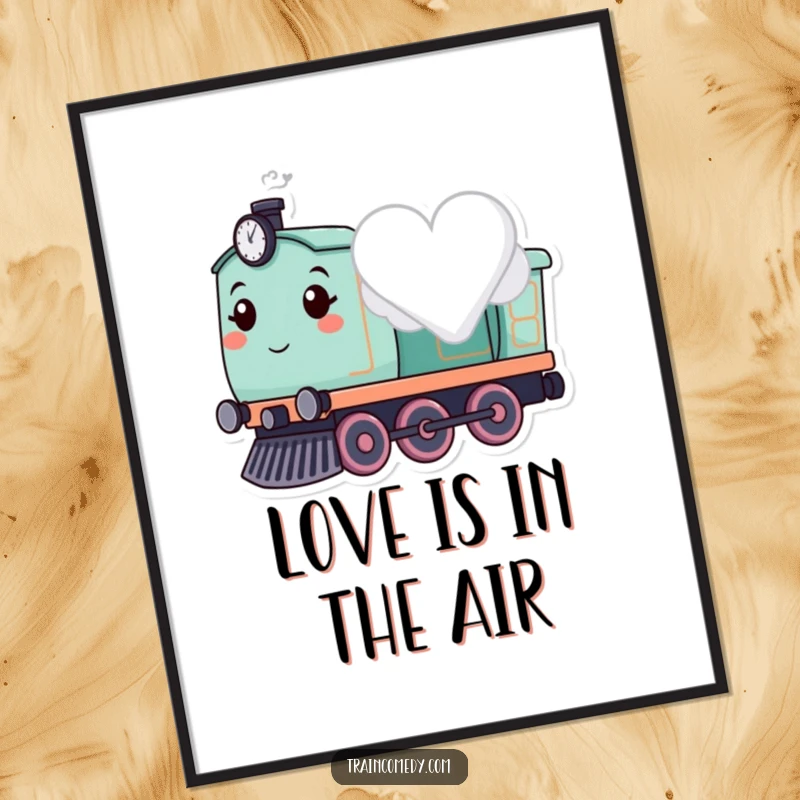 Funny Free Printable Wall Art: A cute train smiles and puffs a heart-shaped cloud, adding sweet decor.