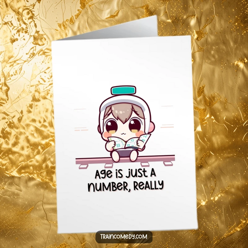 Funny Free Printable Birthday Card: A wide-eyed Kawaii character curiously studies a train map, planning a fun birthday adventure.