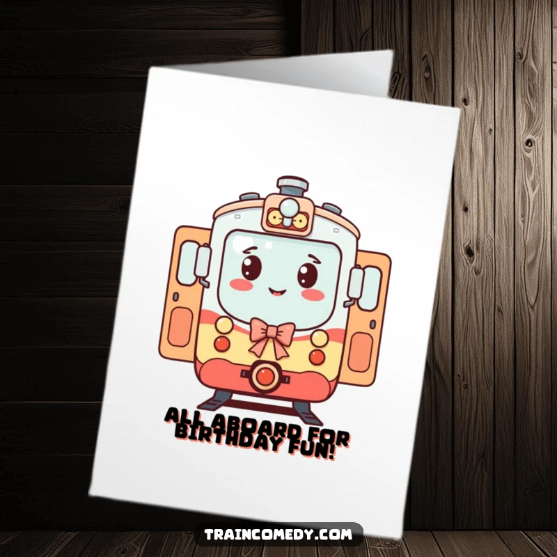 Funny Free Printable Birthday Card showing a train character with open doors, bowing to welcome passengers.