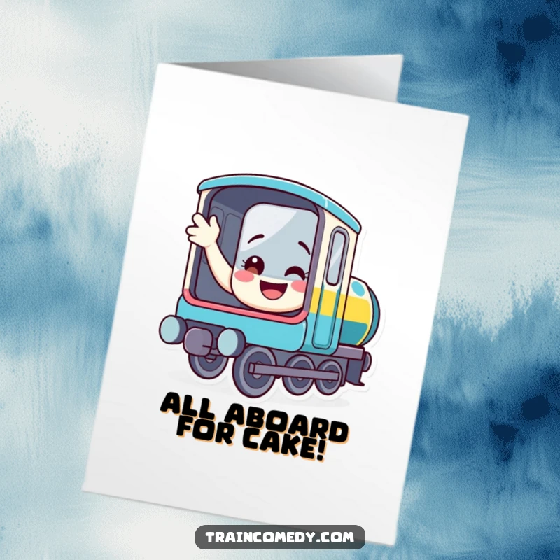 Funny Free Printable Birthday Card: Friendly train character with a big smile waving from its open window, perfect for a DIY gift.