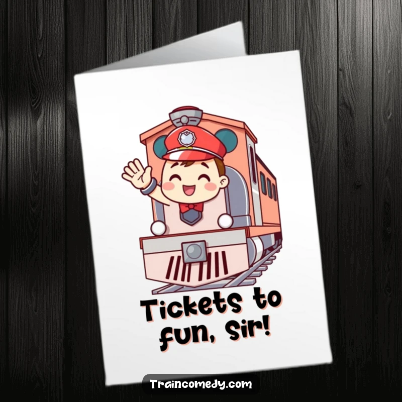 Funny Free Printable Birthday Card: Cheerful train conductor waving enthusiastically from the front of a train engine, happy wishes.
