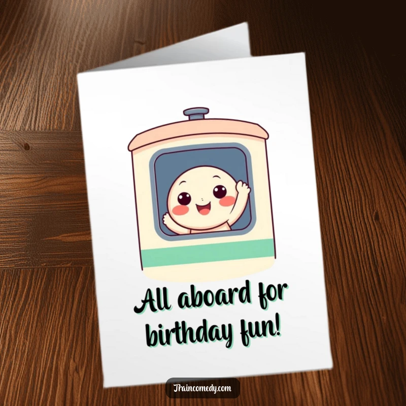 Funny Free Printable Birthday Card: Cheerful, round character with a huge smile, waving enthusiastically from the train window, ready to celebrate.