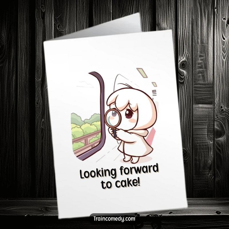 Funny Free Printable Birthday Card: Curious character uses magnifying glass on train window, watching scenery.