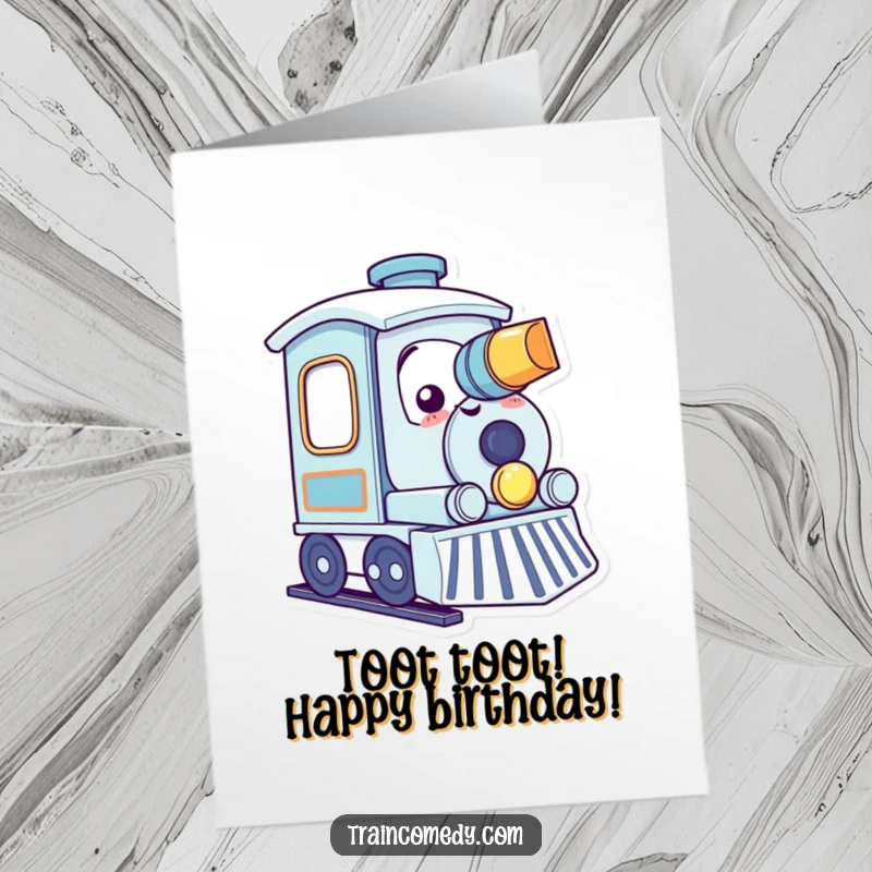 Funny Free Printable Birthday Card: Cute kawaii train character gleefully tooting its horn with a big smile.