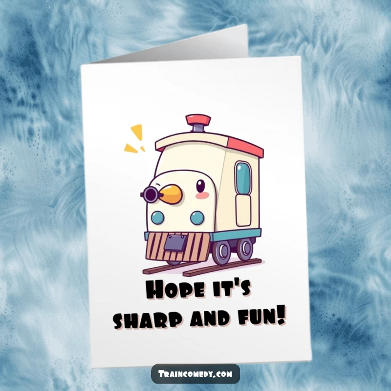Funny Free Printable Birthday Card: A whimsical pencil character pretending to be a train whistle, ready to announce birthday fun.