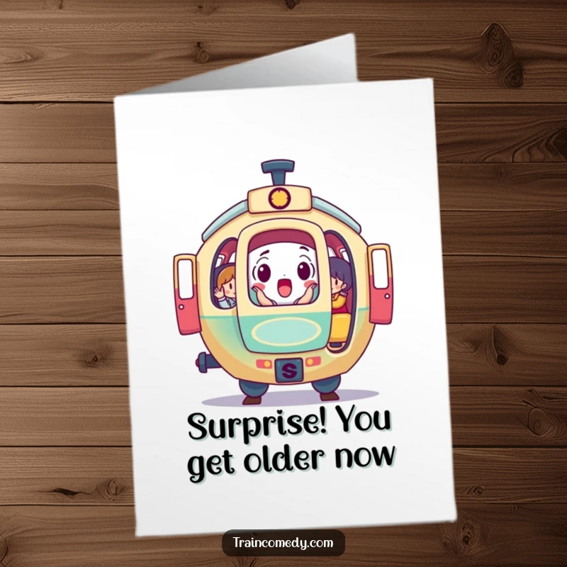 Funny Free Printable Birthday Card: Round train car surprised, doors open revealing colorful passengers, perfect for a funny gift.