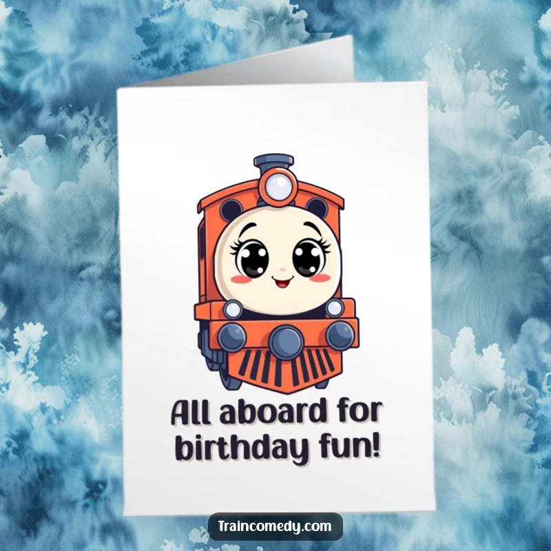 Funny Free Printable Birthday Card featuring a stylized train engine with wide, surprised eyes, expressing delightful birthday astonishment.