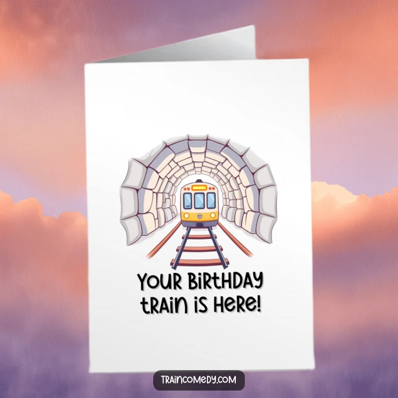 Funny Free Printable Birthday Card: A train car emerges from a dark tunnel into bright light, symbolizing a journey of celebration.