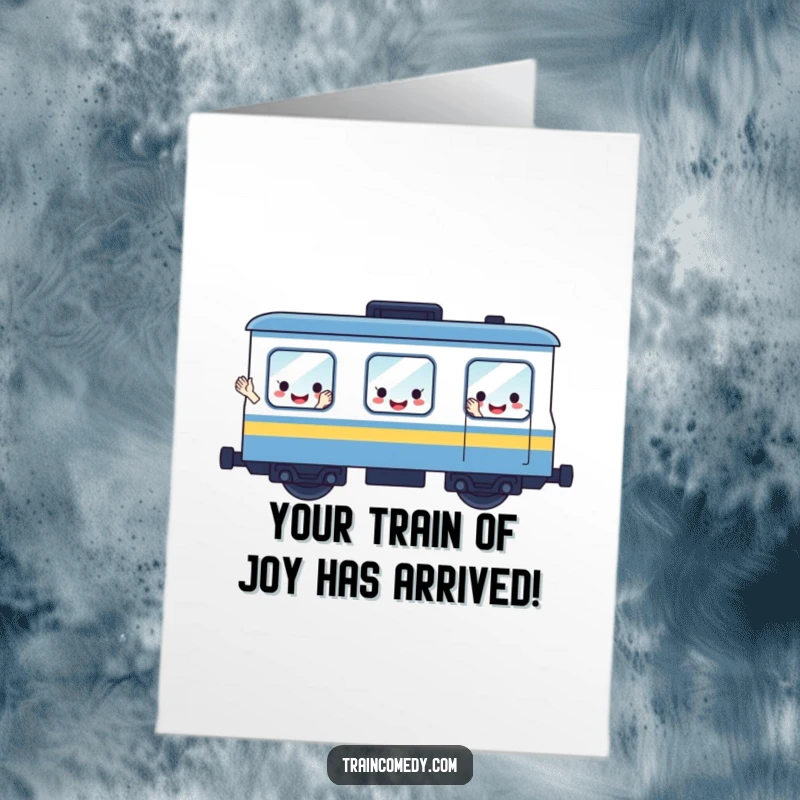 Funny Free Printable Train Birthday Card: A cheerful train with smiling face windows waves hello joyfully.