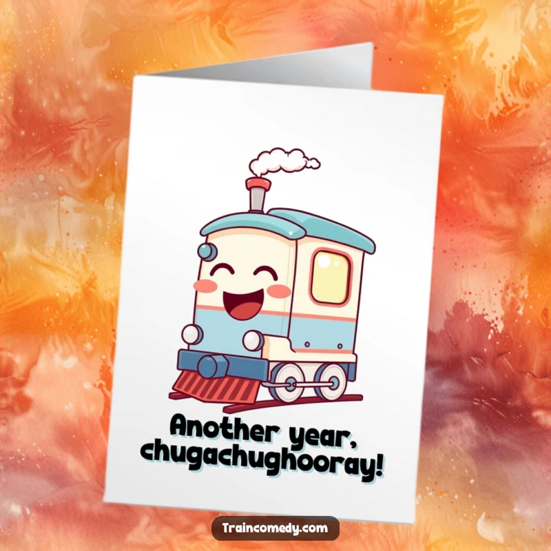 Funny free printable birthday card featuring a laughing train car puffing steam with a joyous expression, ready to deliver birthday wishes.