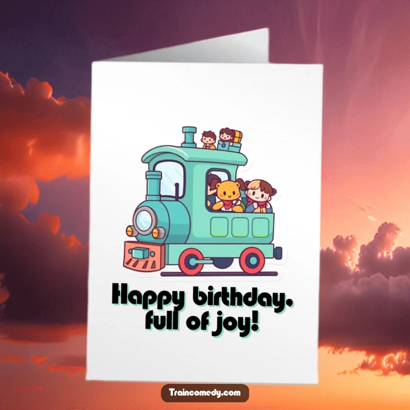 Funny Free Printable Birthday Card: Cute kawaii train loaded with cheerful passengers, ready for a birthday adventure.