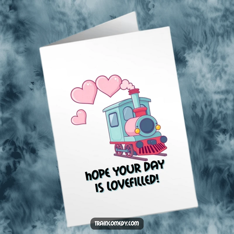 Funny Free Printable Birthday Card featuring a Kawaii train car leaving a trail of heart-shaped smoke, symbolizing love and birthday cheer.