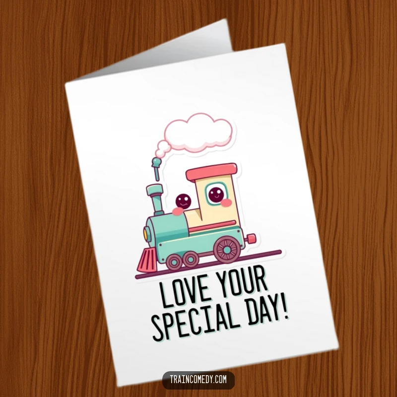 Free Printable Birthday Card: Cute smiling train puffing a heart cloud, a sweet and funny birthday wish.