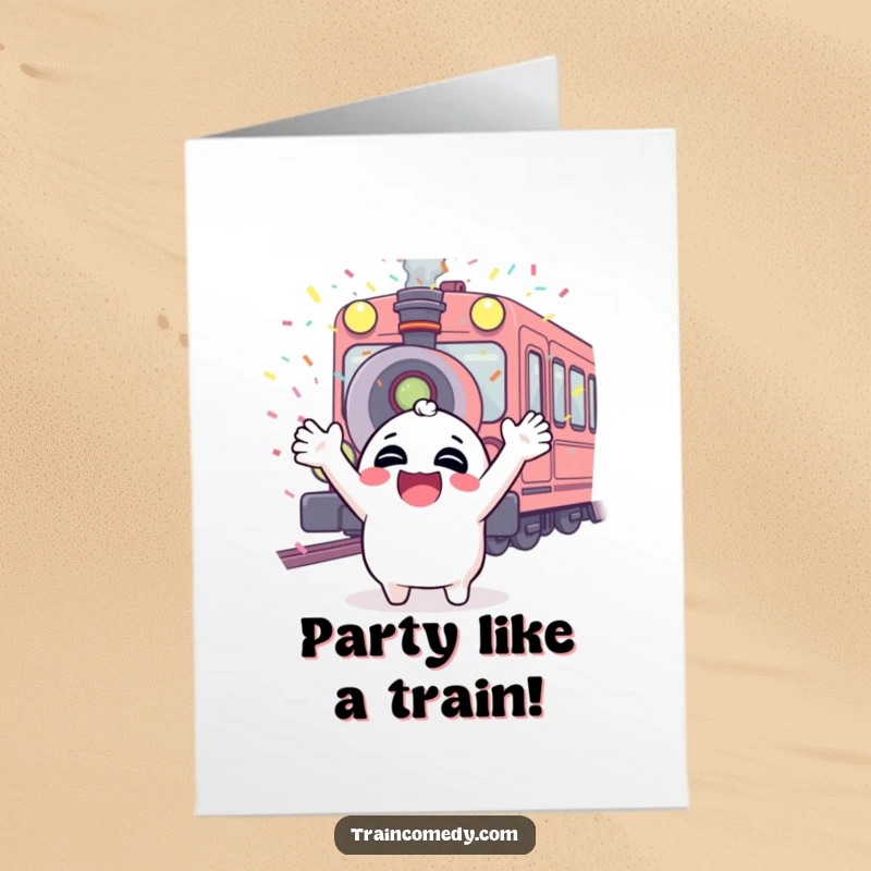Funny Free Printable Birthday Card: Giggling character arms up, confetti from train whistle, pure excitement.